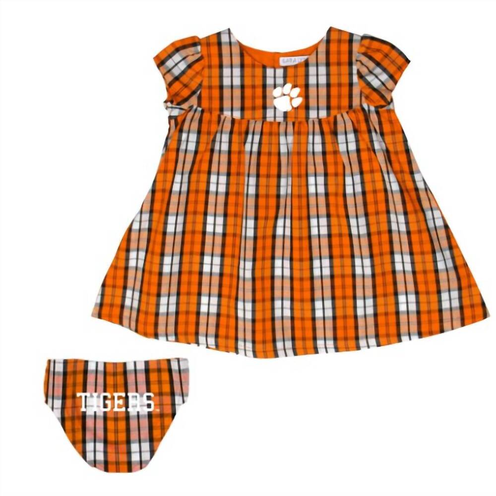 NEW SARA LYNN TOGS girls' clemson university campus plaid dress set in orange